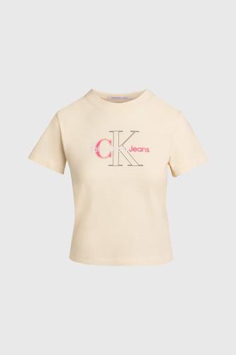 Calvin Klein γυναικείο T-shirt cropped με monogram logo print Slim Fit - J20J222639 Κρέμ
